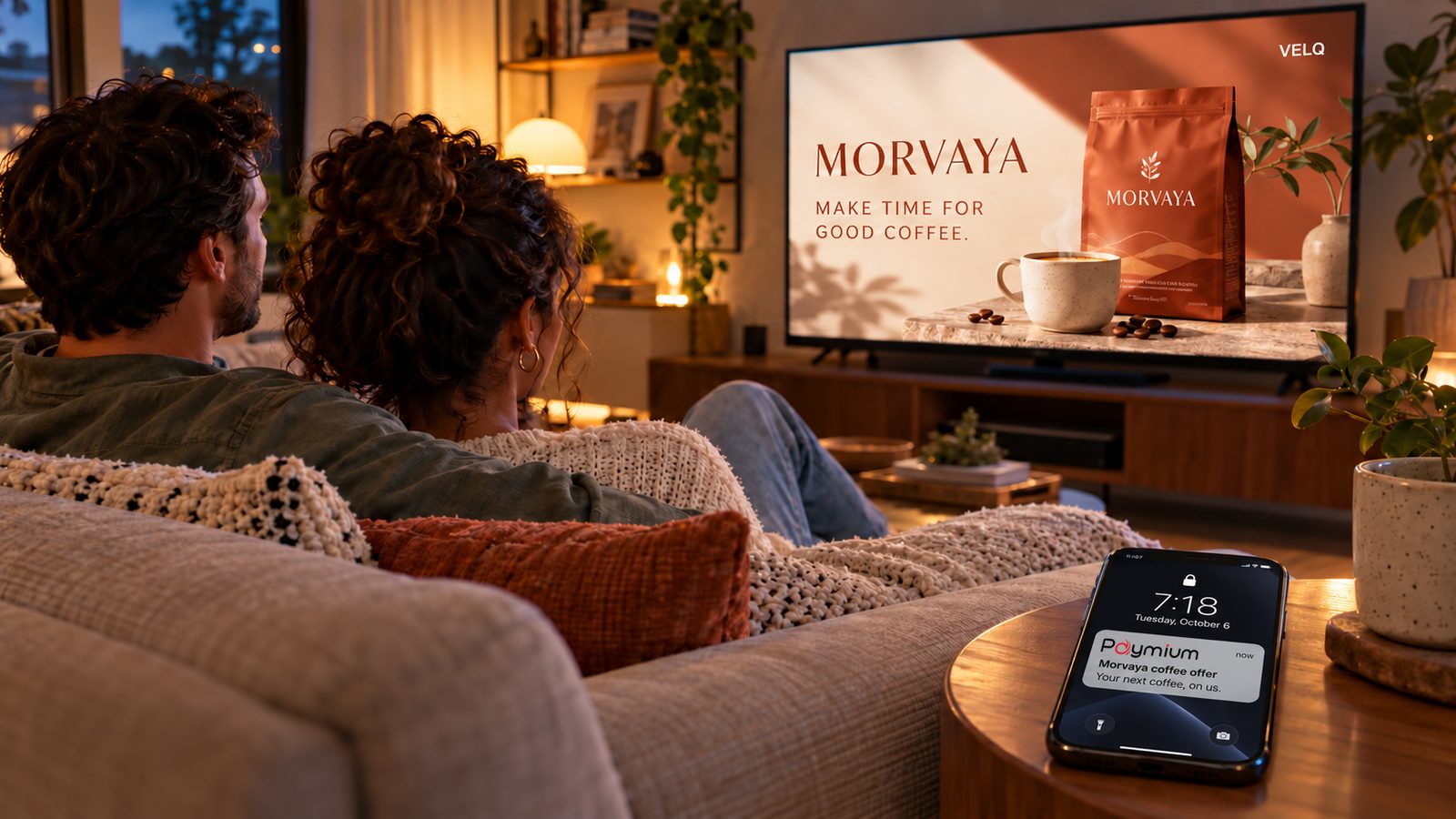 A couple at home watching a coffee commercial on television while a locked phone on the side table shows a Paymium notification for the same coffee.
