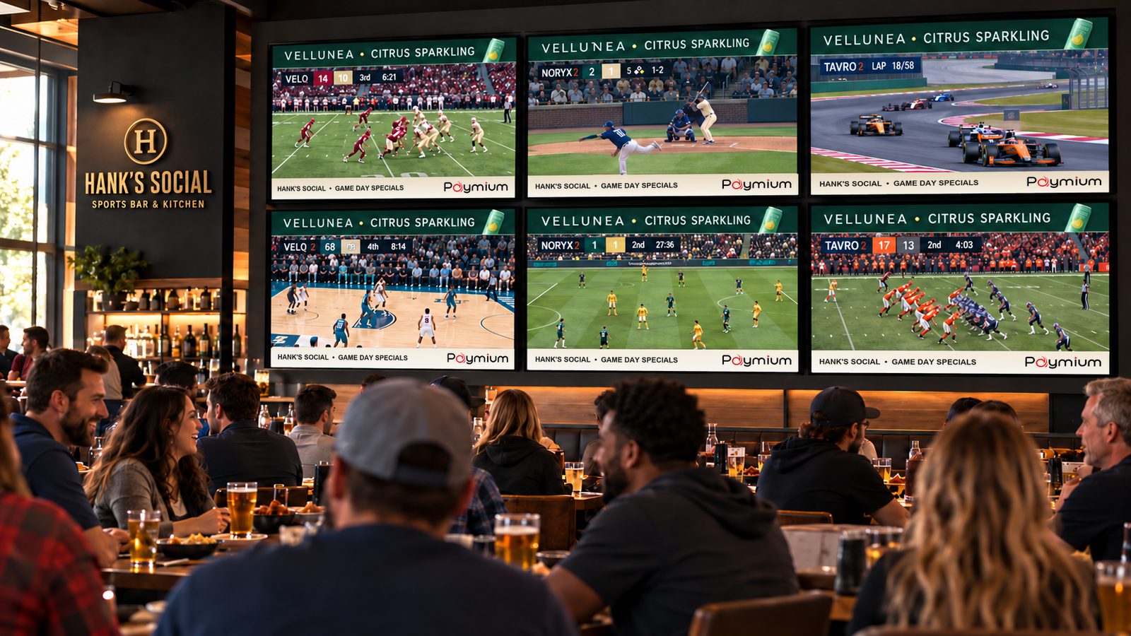 Six bar screens still showing their games, each framed by a brand banner along the top and a venue banner along the bottom.