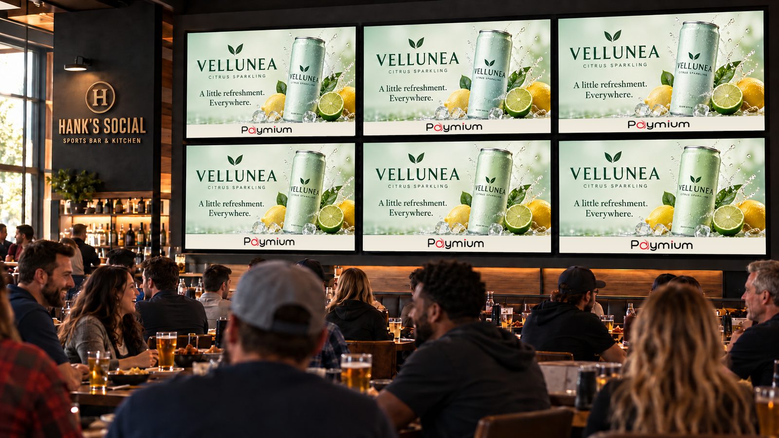 A sports bar with six screens all showing one coordinated promotion for an invented sparkling drink.